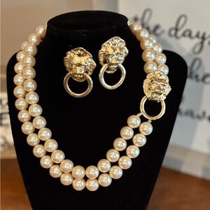 Kenneth J Lane for Avon Vintage Faux Pearl necklace Lion Motif & pierced Earring
